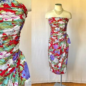 Vintage Silk Party Dress Strapless Frock 1980s Maggy London Formal 31 Bust XS S